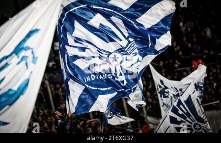 Gents Unterstützer wurde während eines Fußballspiels zwischen KAA Gent und RSCA Anderlecht am Sonntag, den 12. November 2023 in Gent, am 14. Tag der Saison 2023-2024 der ersten Liga der „Jupiler Pro League“ der belgischen Meisterschaft, dargestellt. BELGA FOTO VIRGINIE LEFOUR Stockfoto