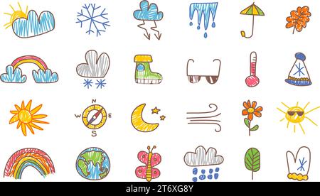 Wettersymbole im Zeichenstil für Kinder. Mit Bleistift zeichnen Meteorologie-Symbole, kritzeln Sonne, Wolken, Wind und Schnee. Erdplanet und Regenbogen, klassischer Vektor-Clipart Stock Vektor