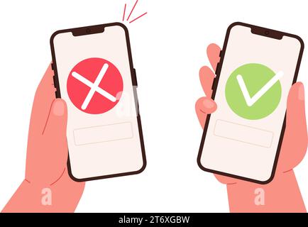 Genehmigen und ablehnen. Zahlung oder Transaktion, Dokumente nicht gesendet oder erfolgreich weitergeleitet. Ja und nein auf dem Smartphone-Bildschirm, Vektorkonzept Stock Vektor