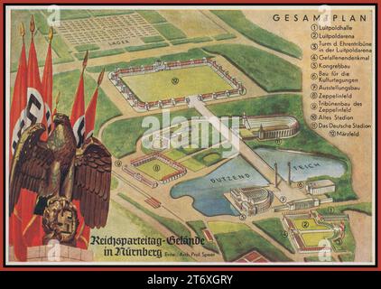 NÜRNBERG 1930er Jahre LANDKARTE ILLUSTRATION ÜBERSICHTSPLAN ARCHITEKT ALBERT SPEER PROPAGANDA Reichsparteitag Gelande in Nürnberg Nürnberg. Illustration des GESAMTPLAN (Uberblick) für NS-Kundgebungen. Nazi-Deutschland Stockfoto