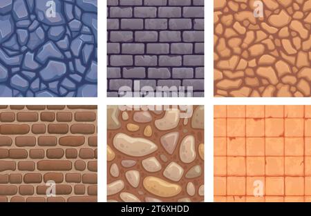 Spielsteinstrukturen. Cartoon Kopfsteinpflaster Fliesen Bodenbelag quadratische Felsenmauern mittelalterliche Burg, Kopfsteinpflaster Fußboden Brücke Pflaster nahtlose geniale Vektor-Illustration der Textur Hintergrund Cartoon Stock Vektor