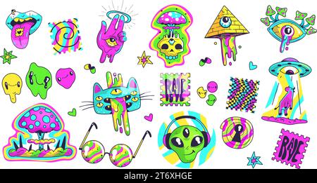 Saure psychedelische Aufkleber. Trippy trendy Aufkleber in verrückter Zeichentrickserie 80er 60er Jahre, surrealer abstrakter heller Patch seltsam grooviges Design, lustige Neonkunst klassischer Vektor Illustration von trippy Säure Aufkleber Stock Vektor