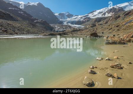 Forni Gletscher in den italienischen Alpen, wobei die Gletscherzunge auf einen Gletscherbach schmilzt, der mit Schlamm beladen ist. Kleiner Strand mit nassem Sand und Steinen. Stockfoto