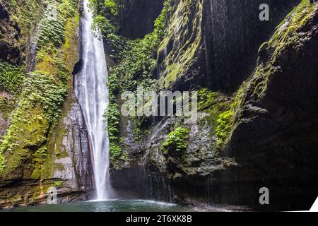 Der Sekumpul Wasserfall, ein großer Wasserfall mitten im Dschungel, der in eine tiefgrüne Schlucht fällt. Bäume und tropische Pflanzen auf Balis Höhe Stockfoto