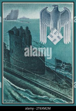WW2 Nazi Deutschland Kriegsmarine U-Boot von Nazi Deutschland Marine Illustration Propaganda. Deutscher Adler, der das Hakenkreuz-Emblem mit verbündeten Schiffen umklammert, die im Rückgrunde versinken. Nazi-Deutschland Schlacht am Atlantik 2. Weltkrieg 2. Weltkrieg (Künstler Gottfried Klein) Stockfoto