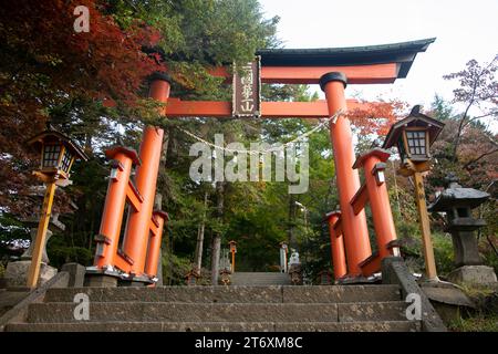 Großes rotes Tori-Tor vom Chureito-Pagode-Tempel in Fujiyoshida, Japan. Stockfoto