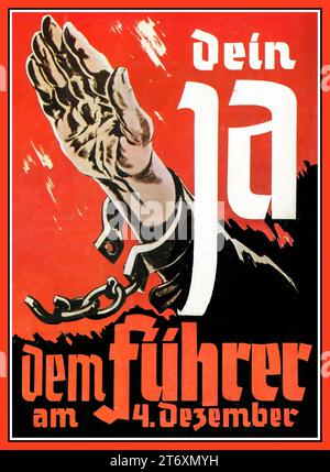 1938 Bundestagswahl und Referendum am 4. Dezember Sudetenland NSDAP-Abstimmung. "DEIN JA ZUM FÜHRER AM 4. DEZEMBER" dein Führer am 4. Dezember mit Heil Hitler Nazi Party grüßt Nazi Deutschland 1938 Stockfoto