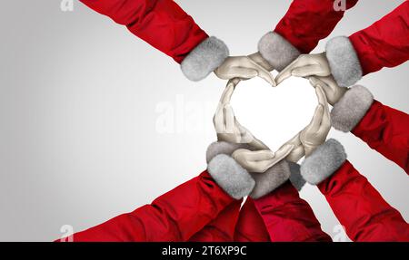 Weihnachtsfeiertag Liebe und Gemeinschaft Einheit als Gruppe von Santa-Klausel-Händen und -Armen, die sich im Geist der Saison zusammenschließen, um zu schenken. Stockfoto