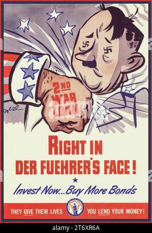 Vintage American WW2 1940s Propaganda {Plakat Appeal 'Right in der Führer's Face') 2. Krieg Darlehen. Jetzt Investieren... Mehr Anleihen Kaufen. Illustration von Onkel Sams Faust, der einen Karikaturfilm von Adolf Hitler direkt auf das Kinn schlägt. Stockfoto
