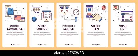 Vektorsatz mit vertikalen Bannern mit Mobile Commerce, Online-Shop, Produktsuche, Select item, Wunschliste Website und Mobile App Vorlagen. Modern, dünn Stock Vektor