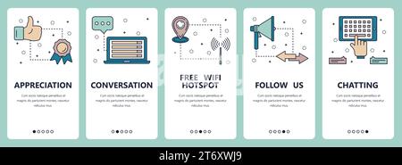 Vektorsatz mit vertikalen Bannern mit Wertschätzung, Unterhaltung, kostenlosem wlan-Hotspot, Follow US, Chat-Website und Vorlagen für mobile Apps. Modernes, dünnes l Stock Vektor