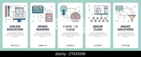 Vektorsatz mit vertikalen Bannern mit Online-Schulung, Lesebüchern, Think lernen, Gruppenklasse, Smart Solutions Website und Vorlagen für mobile Apps. Mo Stock Vektor