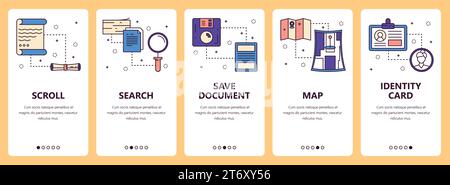 Vektorsatz mit vertikalen Bannern mit Vorlagen für Scroll, Suche, Dokument speichern, Karte, Identitätskarte Website und mobile App. Moderner flacher Stil mit dünner Linie DE Stock Vektor
