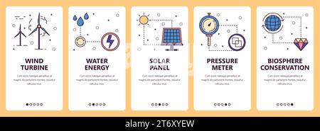 Vektorsatz mit vertikalen Bannern mit Windturbine, Wasserenergie, Sonnenkollektor, Druckmessgerät, Website zur Erhaltung der Biosphäre und Vorlagen für mobile Apps. Stock Vektor