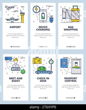 Vektorsatz von Onboarding-Bildschirmen für mobile Apps. Flughafen, Aufladen von Geräten, Beutelverpackung, Meet and Assistance, Check-in-Schalter, Web-Vorlagen für die Passkontrolle BA Stock Vektor