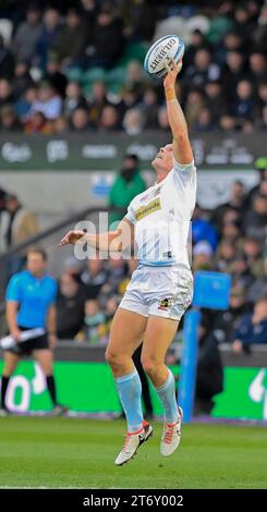 Northampton ENGLAND – 12. November 2023: Tommy Wyatt von Exeter Chiefs während des Spiels zwischen Northampton Saints und Exeter Chiefs Rugby im Cinch Stadium Franklin’s Gardens. Northampton Großbritannien. Stockfoto