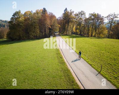 Radfahrer, der an einem sonnigen Herbsttag entlang einer ruhigen Landstraße in der Nähe grüner Wiesen und farbenfroher Wälder fährt, Luftaufnahme. Fahrradtourismus-Konzept. Stockfoto