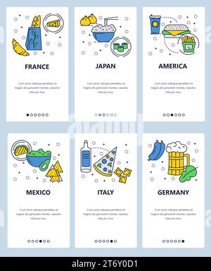 Vektorsatz von Onboarding-Bildschirmen für mobile Apps. Frankreich, Japan, Amerika, Mexiko, Italien, Webvorlagen und Banner für Deutschland. Flache Symbole für uns Stock Vektor