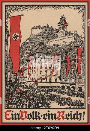 Anschluss, ein Volk ein Reich 1938 Deutsches Propagandaplakat: Seit 1933 benutzten die Nationalsozialisten den Slogan „ein Volk/ein Reich/ein Führer“, um die nationale Einheit und ihr ideal der Volksgemeinschaft zu fördern. Nach der „Annexion“ Österreichs an das Deutsche Reich im Jahr 1938 wurde dieser Slogan zunehmend verwendet, um die Einheit von Führer, Partei und Bevölkerung nach Österreich zu übertragen. . Anschluss, deutsch: „Union“, politische vereinigung Österreichs mit Deutschland, Graz die Hauptstadt der Steiermark und nach Wien die zweitgrößte Stadt Österreichs. Stockfoto