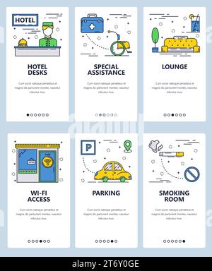 Vektorsatz von Onboarding-Bildschirmen für mobile Apps. Hotelschalter, spezielle Unterstützung, Lounge, WLAN, Parkplatz, Webvorlagen und Banner für Raucherzimmer. Th Stock Vektor