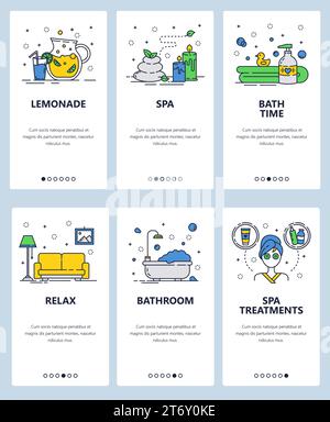 Vektorsatz von Onboarding-Bildschirmen für mobile Apps. Limonade, Spa, Badezeit, Entspannung, Badezimmer, Webvorlagen und Banner für Wellnessbehandlungen. Dünne Linien flach i Stock Vektor