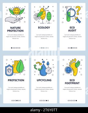 Vektorsatz von Onboarding-Bildschirmen für mobile Apps. Naturschutz, Ökologie, Öko-Audit, Schutz, Upcycling, Webvorlagen und Banner für umweltfreundlichen Fußabdruck. Th Stock Vektor