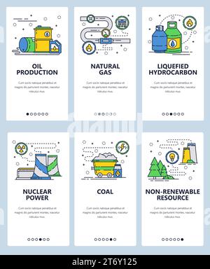 Vektorsatz von Onboarding-Bildschirmen für mobile Apps. Erdölproduktion, Erdgas, verflüssigte Kohlenwasserstoffe, Kernenergie, Kohle, Web-templ. für nicht erneuerbare Ressourcen Stock Vektor