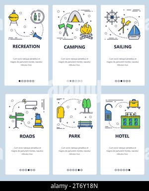 Vektorsatz von Onboarding-Bildschirmen für mobile Apps. Freizeit, Camping, Segeln, Straßen, Park, Web-Vorlagen und Banner für Hotels. Flache Symbole für dünne Linien für Stock Vektor