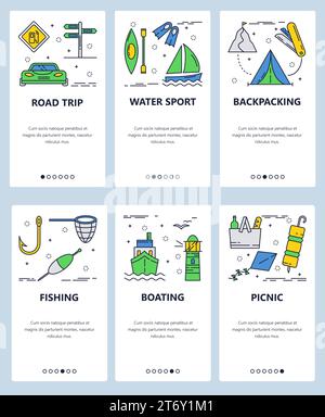 Vektorsatz von Onboarding-Bildschirmen für mobile Apps. Roadtrip, Wassersport, Rucksacktouren, Angeln, Bootstouren, Web-Vorlagen und Banner für Picknicks. Dünne Strichgrafik fl Stock Vektor
