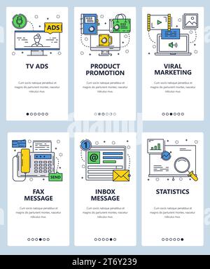 Vektorsatz von Onboarding-Bildschirmen für mobile Apps. TV-Anzeigen, Produktwerbung, virales Marketing, Fax- und Posteingangsnachrichten, Statistiken Webvorlagen und Banner. Stock Vektor