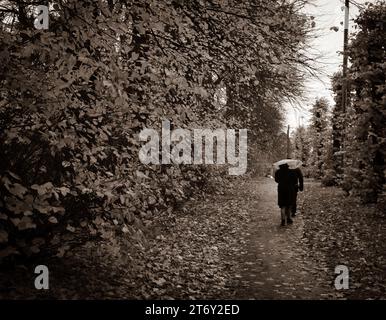 Zwei Personen laufen auf einem blattbedeckten Weg in einem sepiafarbenen Herbstpark mit Bäumen Stockfoto