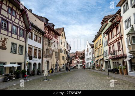 Stein am Rhein, alte historische bemalte Häuser mittelalterliches Dorf in der Schweiz Stockfoto