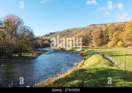 Herbstblick auf den Fluss Greta auf dem Keswick-Thelkeld Railway Walk, Cumbria, England, Großbritannien Stockfoto