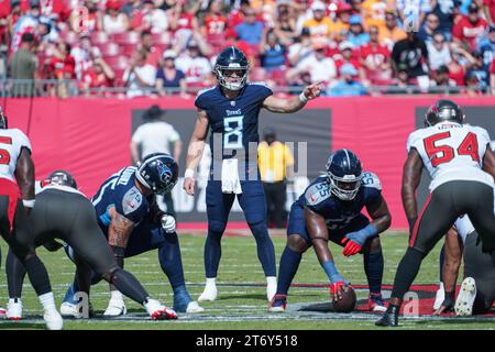 Tampa Bay, Florida, USA, 12. November 2023, Tennessee Titans Quarterback wird Levis Platz 8 in der ersten Halbzeit im Raymond James Stadium. (Foto: Marty Jean-Louis) Stockfoto