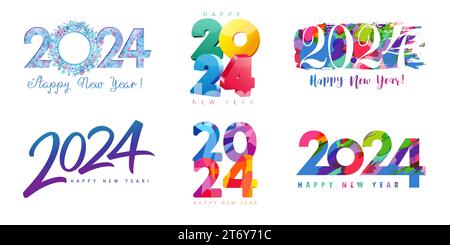 2024 großes, kreatives Set mit Happy New Year-Logo in verschiedenen Farben. Vektor-Illustration mit bunten Zahlen Schneeflocke, 3D, Grunge Pinsel, Kalligraphie, Facette Stock Vektor