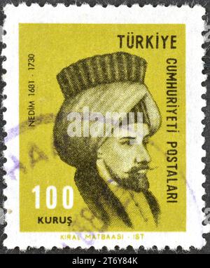 Gestempelte Briefmarke, gedruckt von der Türkei, die Ahmed Nedim (1681-1730) zeigt, um 1967. Stockfoto