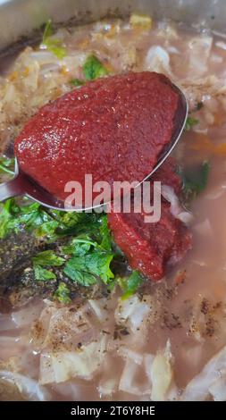 Weißkohl gedünstet mit Tomatensauce, Gemüse, Vegetarismus Stockfoto