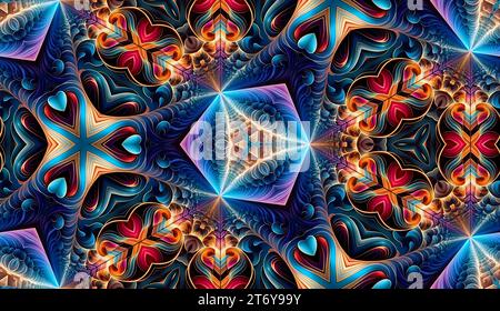 Kompliziertes Herz-Fraktal-Kaleidoskop in Blau und Rot Stockfoto