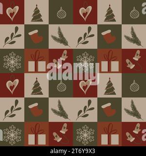 Nahtloses Muster mit weihnachtlichen Elementen. Festliches Neujahrsdekor mit Fichte, Weihnachtskugel, Spielzeug, Schneeflocken, Fäustlingen, Geschenkbox, Weihnachtsbaum Stock Vektor