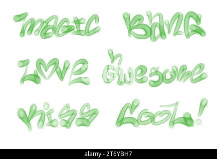 Sammlung von Graffiti Street Art Tags mit Wörtern und Symbolen in grüner Farbe auf weißem Hintergrund Stockfoto
