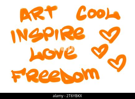Sammlung von Graffiti Street Art Tags mit Wörtern und Symbolen in orange auf weißem Hintergrund Stockfoto