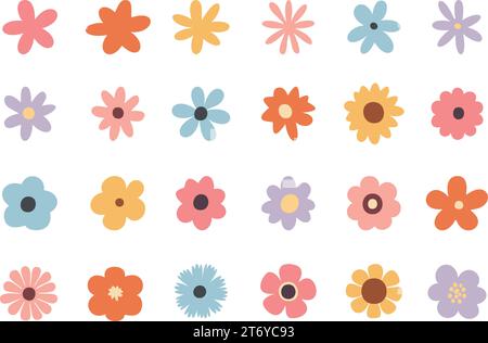 Set von Retro groovy Pastell Blume Vektoren flaches Design transparentes Clipart Stock Vektor