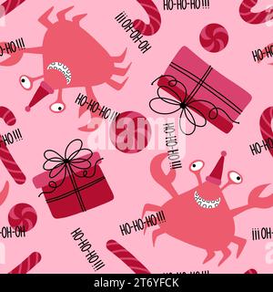 Weihnachten Zeichentricktiere nahtlose Krabben und Süßigkeiten Muster zum Einpacken von Papier und Stoffen und Kinderdruck und Silvester am Strand Verpackung und festi Stockfoto