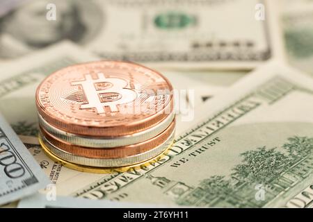 Nahaufnahme von Bitcoin-Banknoten Stockfoto