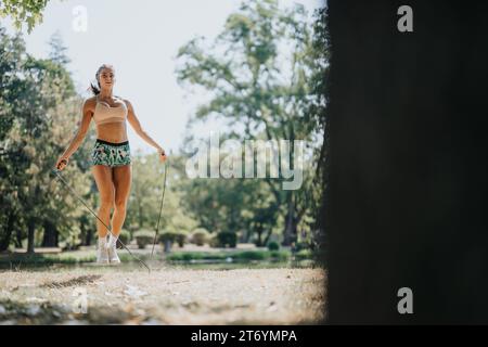 Sportliche Frau führt Freunde in einem Park-Workout. Seilspringen, Stretching und genießen Sie den sonnigen Tag für einen gesunden Lebensstil. Stockfoto