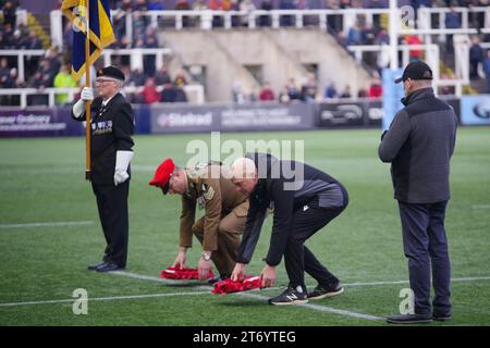 Newcastle upon Tyne, Großbritannien. November 2023. Newcastle upon Tyne, 12. November 2023. Kränze werden am Remembrance Sonntag vor dem Gallagher Premiership Spiel zwischen den Newcastle Falcons und Saracens im Kingston Park gelegt. Quelle: Colin Edwards/Alamy Live News Stockfoto