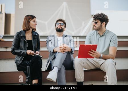 Zwei junge Unternehmer diskutieren über Arbeit, während ihr Partner nicht darauf achtet. Er sieht sich etwas an und genießt es Stockfoto
