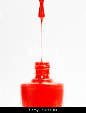 Schöner roter nagellack tropft vom Pinsel in den weißen Hintergrund der Flasche Stockfoto
