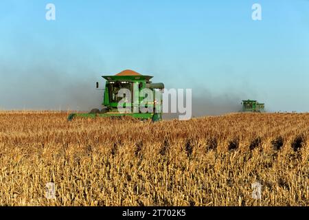 John Deere Mähdrescher STS 9670, Rundrotor, Ernte von Sorghum-Getreide „Sorghum vulgare“, Kansas. Stockfoto