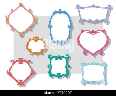 Set aus leeren Bilderrahmen im viktorianischen Vintage-Stil. Set aus klassischen, antiken, geschnitzten Rahmen. Retro-Dekorationen zum Malen, Foto. Flachvektorillus Stock Vektor